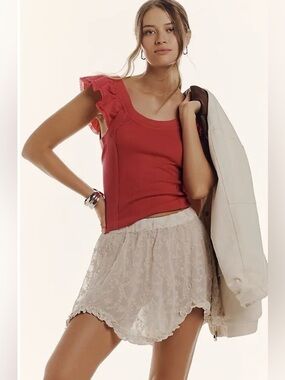 Anthro Pilcro Flutter Sleeve Tank Top Pink Ribbed Ruffle Trim Size Small NWT